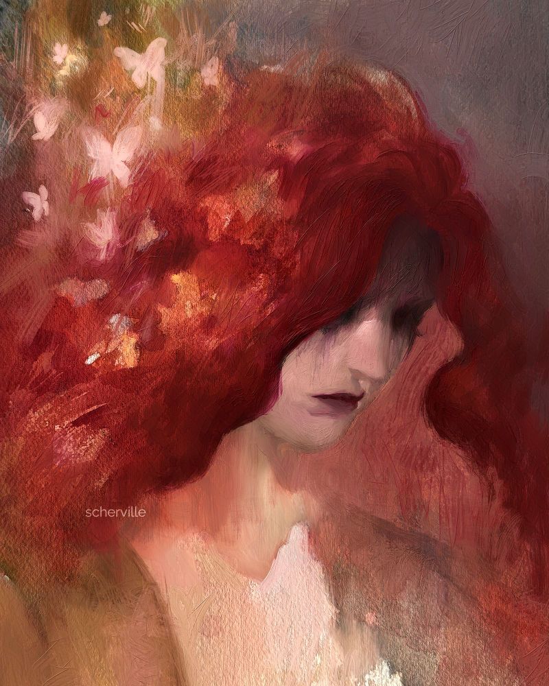 A mixed media portrait of a red-haired woman looking down, her eyes in dark shadow. Butterflies are emerging from the back of her hair. Malenia from Elden Ring.