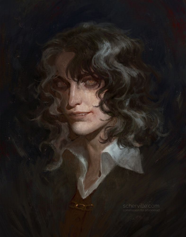 A painterly portrait of a man staring at the viewer in a somewhat unsettling manner. There are white strands in his brown hair and his mouth curls up in a smirk, revealing suspiciously pointy canine teeth. He’s wearing a greyish cape with a red vest and a white shirt underneath. 