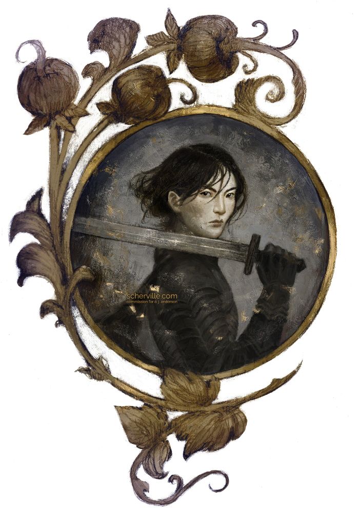 A mixed media portrait resembling an old medallion with gold ochre vines wrapped around a circular frame. In the frame there's a young Asian woman wearing a dark armour, holding a sword and looking behind her shoulder. Commission for A. J. Anderson.
