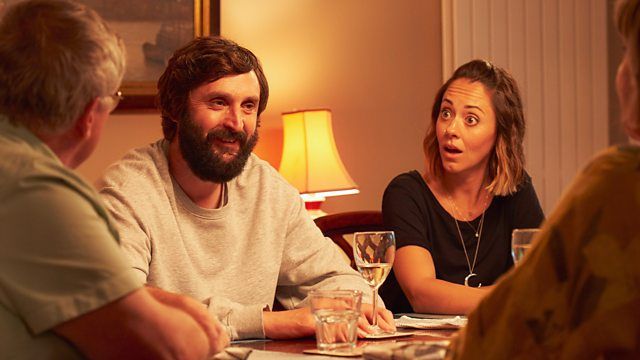 Joe Wilkinson and Susannah Fielding, in character at the dinner table.