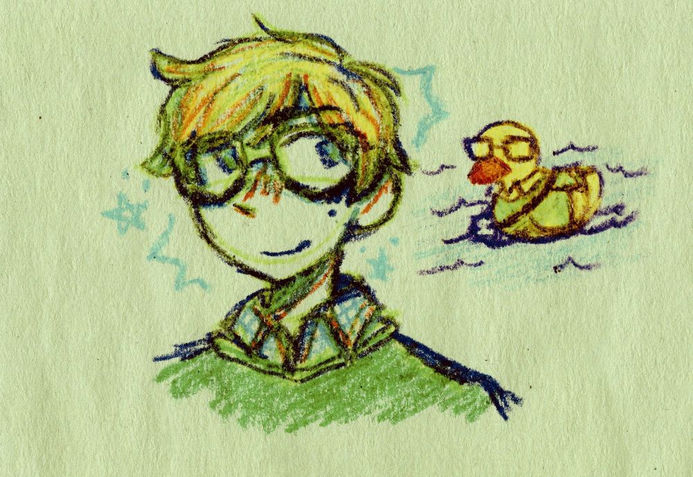 Doodles of Adair from Long Gone Days done in crayon. The left doodle is a shoulders-up drawing of him smiling, the right doodle is of him as a plastic duck floating on water.