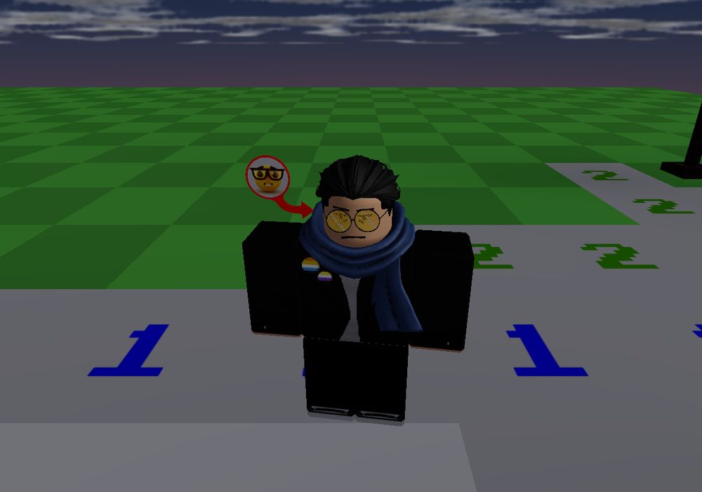 A Roblox avatar of Cygnus from Long Gone Days standing on a minesweeper board. He has a tired face and there's an arrow pointing at him attached to a nerd emoji.