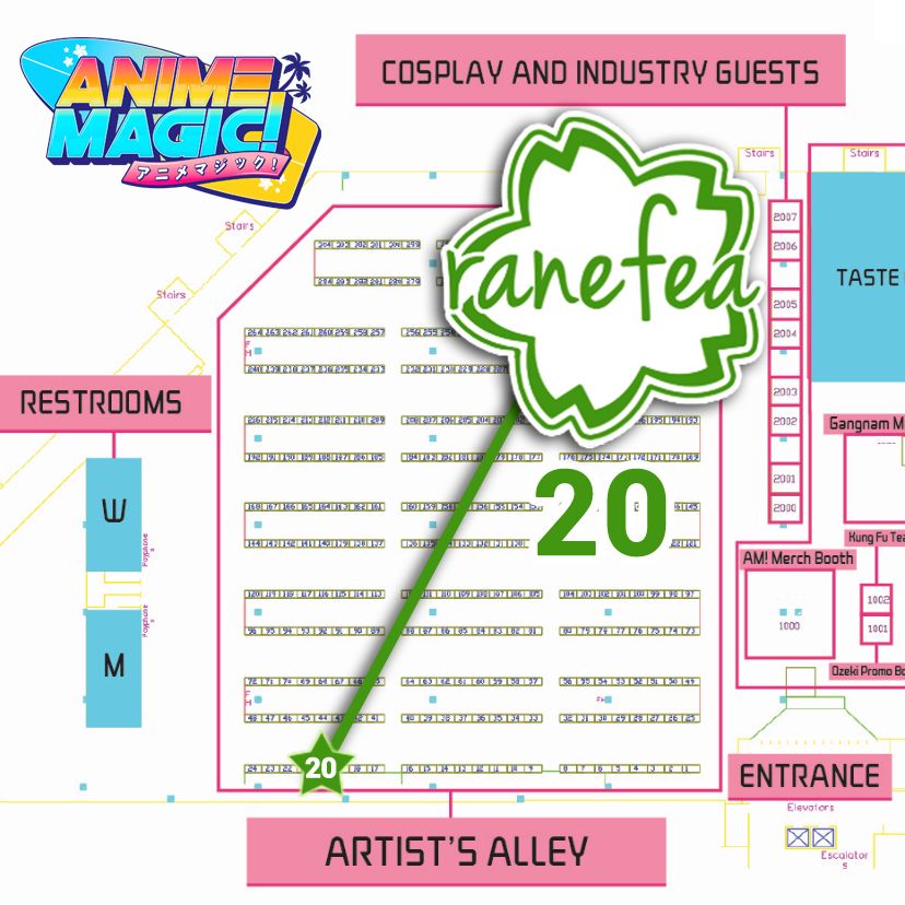 Map of the Artist Alley at Anime Magic 2025 highlighting Ranefea's table location at table 20