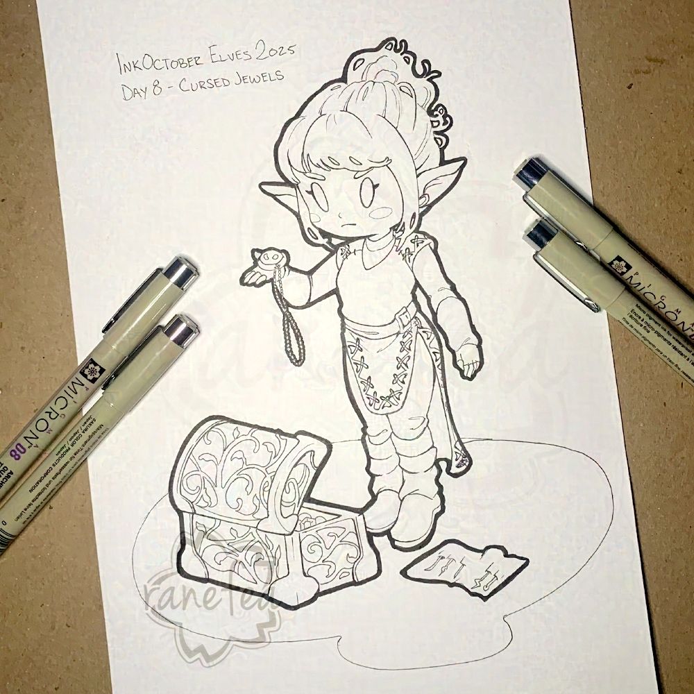 Ink drawing of an adorable chibi Elf with an open treasure chest holding a possibly cursed amulet.