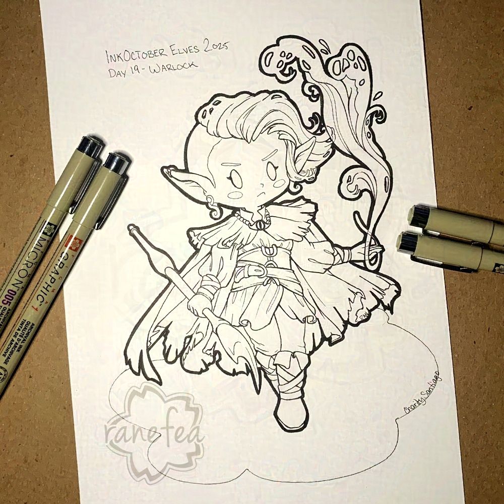 Ink drawing of an adorable chibi elf fathomless warlock holding a spear and casting a water spell. 