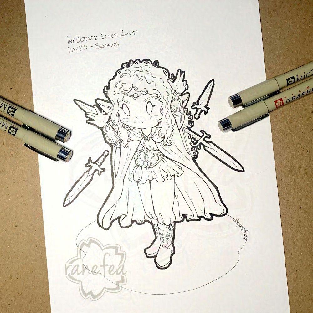 Ink drawing of an adorable chibi elf casting sword burst. 