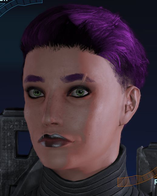 a woman with short purple hair, a scar over her eyebrow, dark eye makeup around her green eyes, and metallic black lipstick