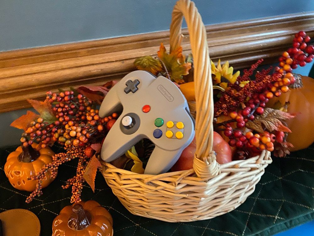 N64 controller in a Thanksgiving basket