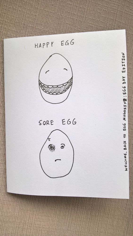 Happy Egg has a grin from ear to ear. Sore Egg has a crack and a black eye.