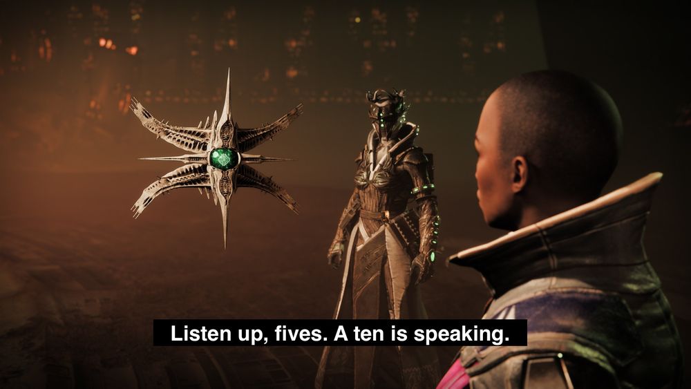 Immaru telling the Guardian and Ikora "Listen up, fives. A ten is speaking."