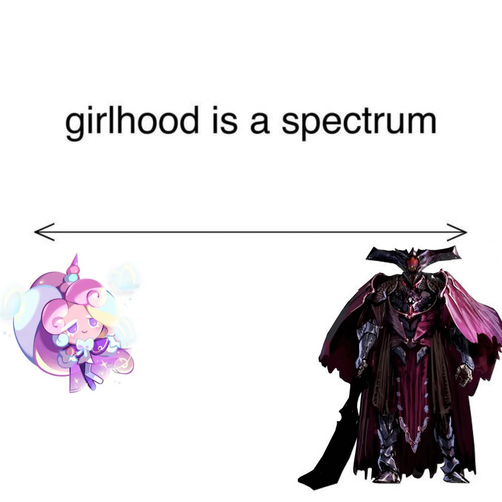 The “girlhood is a spectrum” meme but with Cream Unicorn Cookie and Oryx, the Taken King. Both are voiced by Joshua David King (who is an amazing performer.)