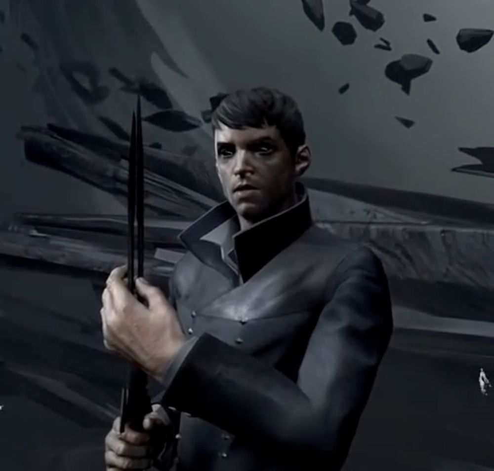 A cutscene featuring the Outsider from Dishonored: Death of the Outsider (2017)