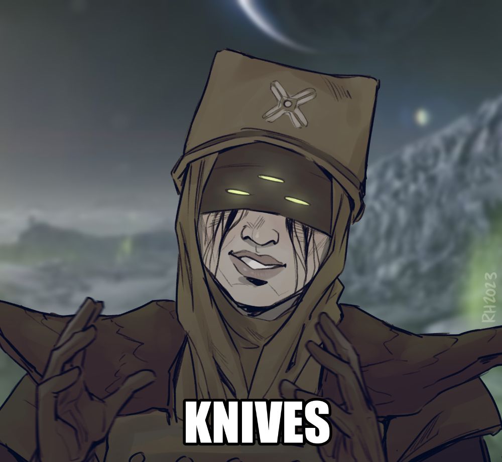 Aliens History Channel guy meme but with Eris Morn saying "KNIVES".