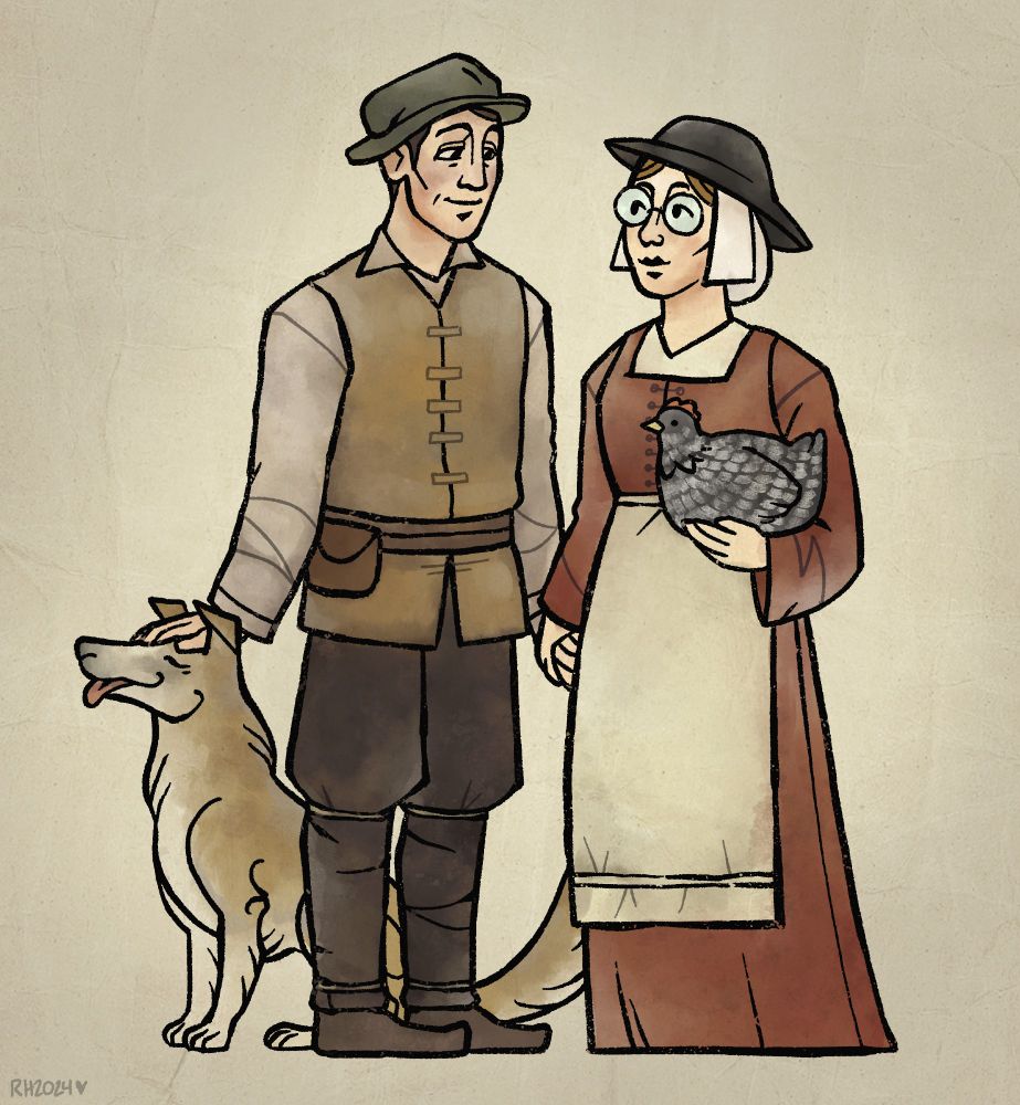 A drawing of Hazel, Hazel's husband, Junie, and Tilly as characters from the video game Pentiment (2022.)