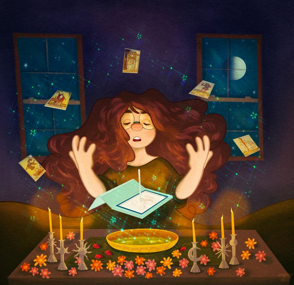 An illustration depicting a woman with long curly brown hair and round glasses. She is centered in the frame and wearing a dark green yellow dress. Her hands are lifted as if she’s levitating the things around her. Her eyes are closed and mouth open, clearing speaking something. She is concentrating. Before her is a table top with a shallow gold pan/bowl with a green liquid inside that’s shimmering. From the bowl, turquoise sparkles float up and around the woman. Above the pan/bowl, levitating in midair, is an iPad with the Apple Pencil standing straight up on it, as if it’s drawing. There is a rough sketch on the iPad’s screen. It has a turquoise cover. On the rest of the table is an altar mat, a dark green with various symbols on it. Also on the table are six, tall candles in yellow. The candlestick holders contain various shapes. Two are moons, two are suns, and two are stars. Also on the table are four carnelian gemstones, which are red. There are also pink orange and yellow Zinnia flowers scattered around on the table. All of these colors and objects symbolize creative intuition. Floating above the woman’s head in an arc are five Tarot cards. From left to right they are: The Fool, The Magician, The High Priestess, The Page of Cups, and the Ace of Wands. Behind the woman are two windows showing a night sky. In the right window (her left, our right) is a moon in its first quarter. 