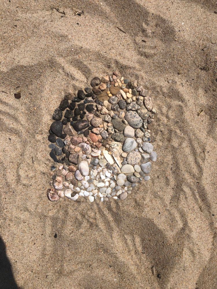 A picture showing a spot in sand that go from dark to light using various shells and rocks. 