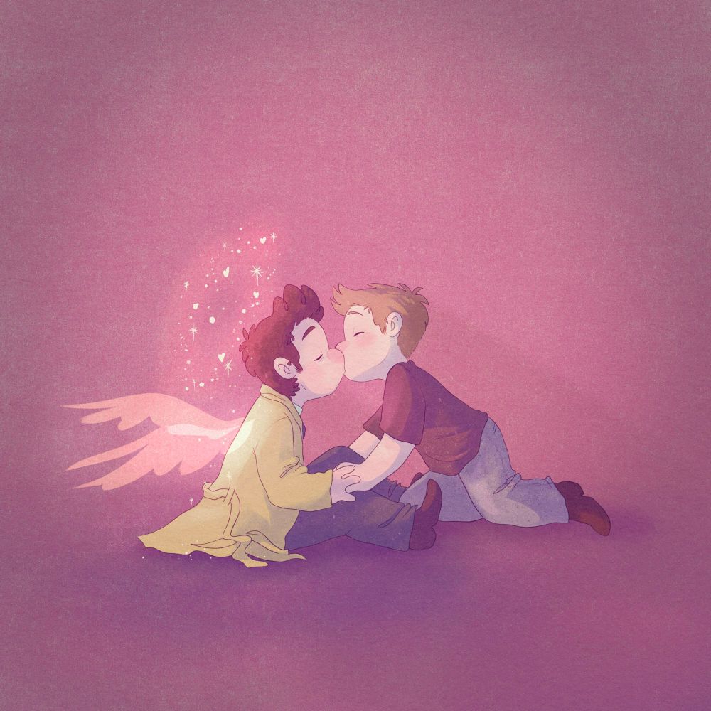 A digital illustration of Deans and Cas from Supernatural. The cartoon art style is round and squishy (if that makes sense). Cas is sitting on the ground with his Angel wings behind him and a halo made up of stars and some hearts above his head. It’s glowing emitting a soft pinkish purple glow 