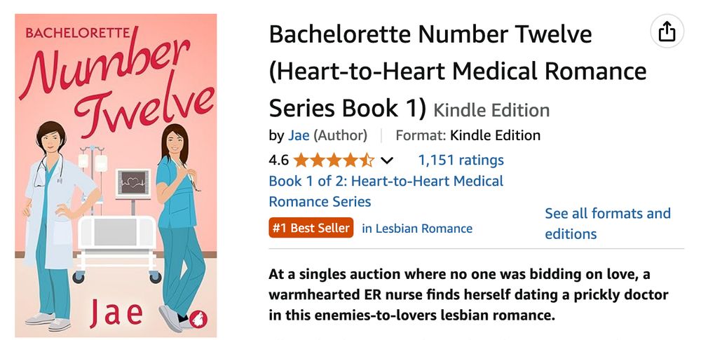 The cover of Bachelorette Number 12 by Jae is depicted--a nurse and a doctor in scrubs, both brunette females, with their backs toward each other. The cover is next to the orange bestseller tag. 