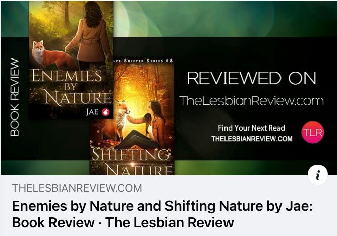 Shown are the covers of Enemies by Nature & Shifting Nature by Jae (a red fox and a brunette woman facing each other in the forest). Next to the text: Reviewed on TheLesbianReview.com