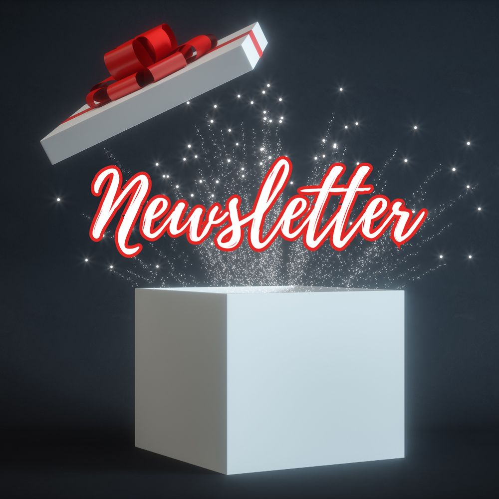 A white box with a red bow. The lid opens to reveal the word newsletter