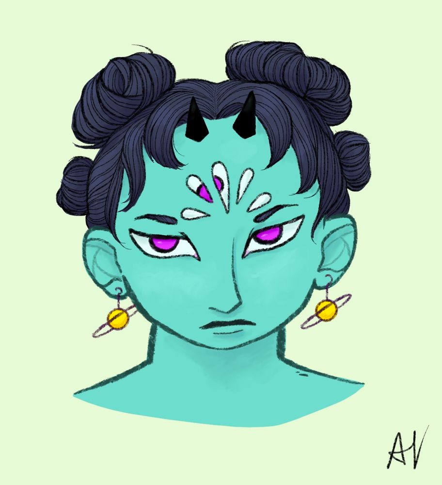 An alien girl with teal skin and several purple eyes. She is distinctly unimpressed.