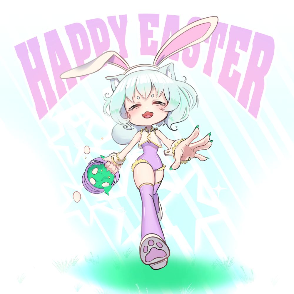 tiruff misu in a purple bunny outfit with a basket of eggs to celebrate easter