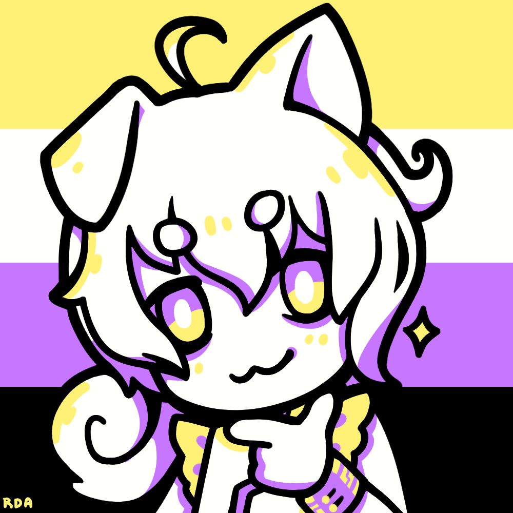 Tiruff with their hand under their chin with a smug look on their face in the colors of the non binary flag