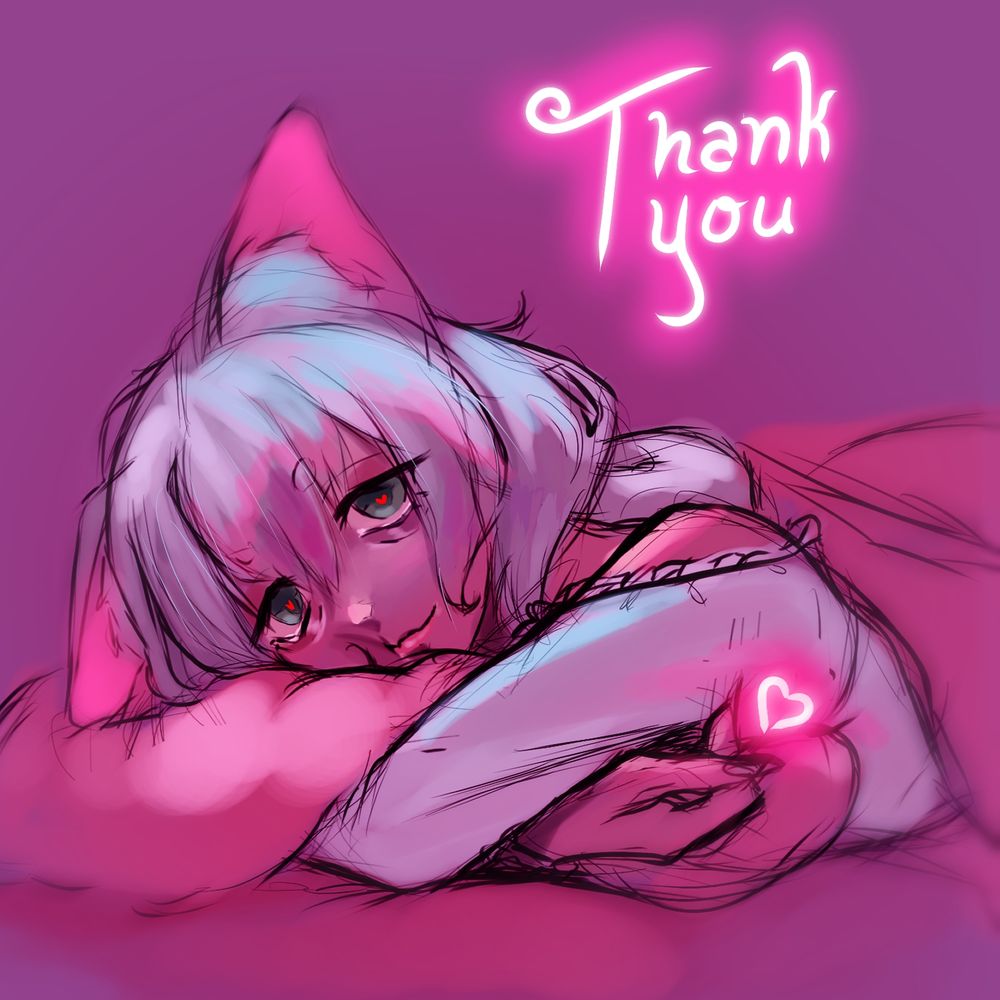 tiruff misu in bed giving you a little heart with a neon esque sign in the BG saying "thank you"