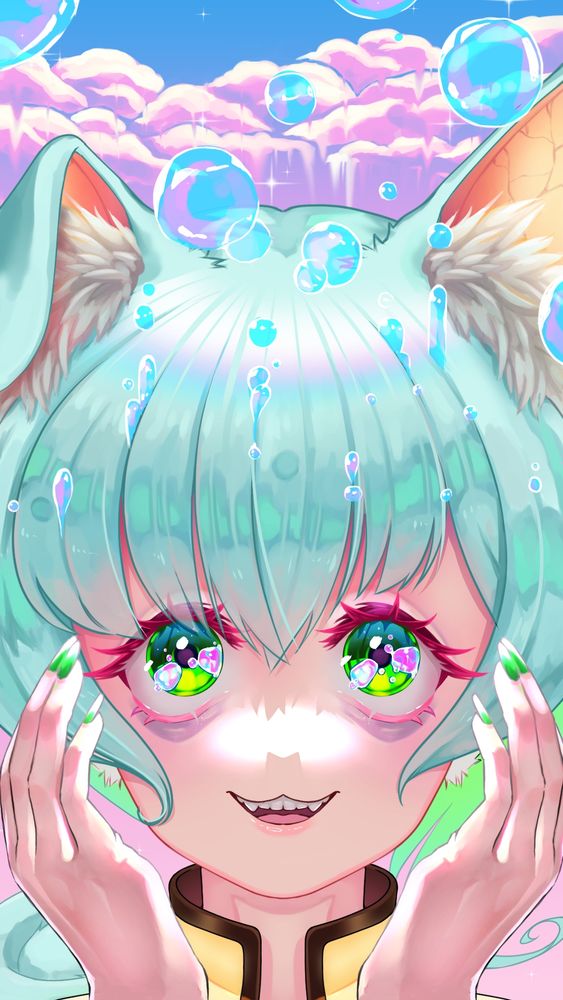 Tiruff with bubbly eyes and bubbles floating up into melty clouds