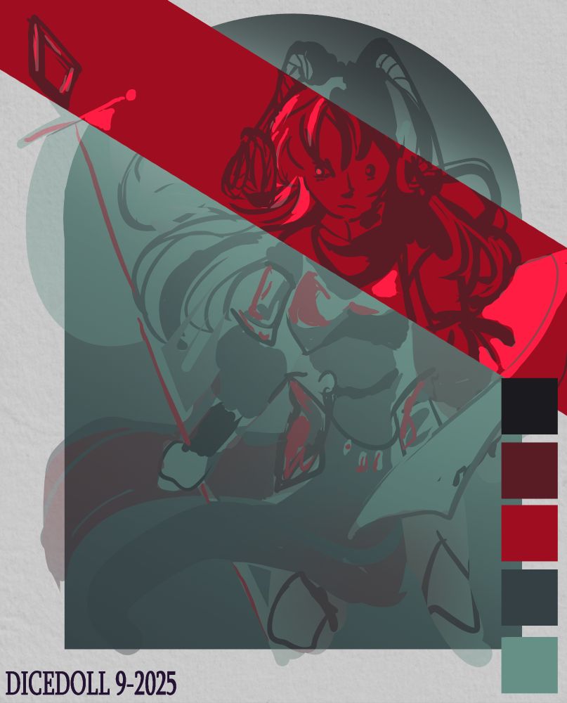 A teal and red pallet study with no defining lines