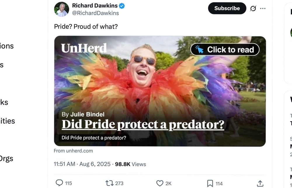 Richard Dawkins linking to a piece by Julie Bindel.