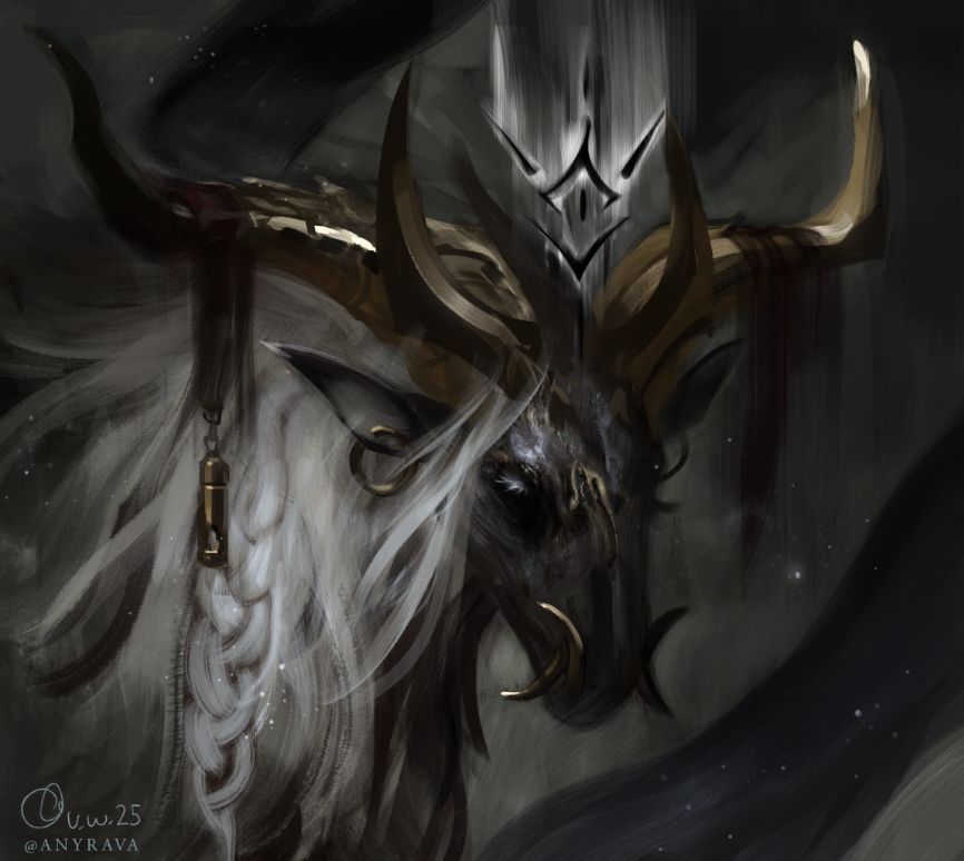 A portrait painting of a dark goat-like creature with curved golden horns & long white, partially braided fur. A glowing fantasy symbol is floating above the head.