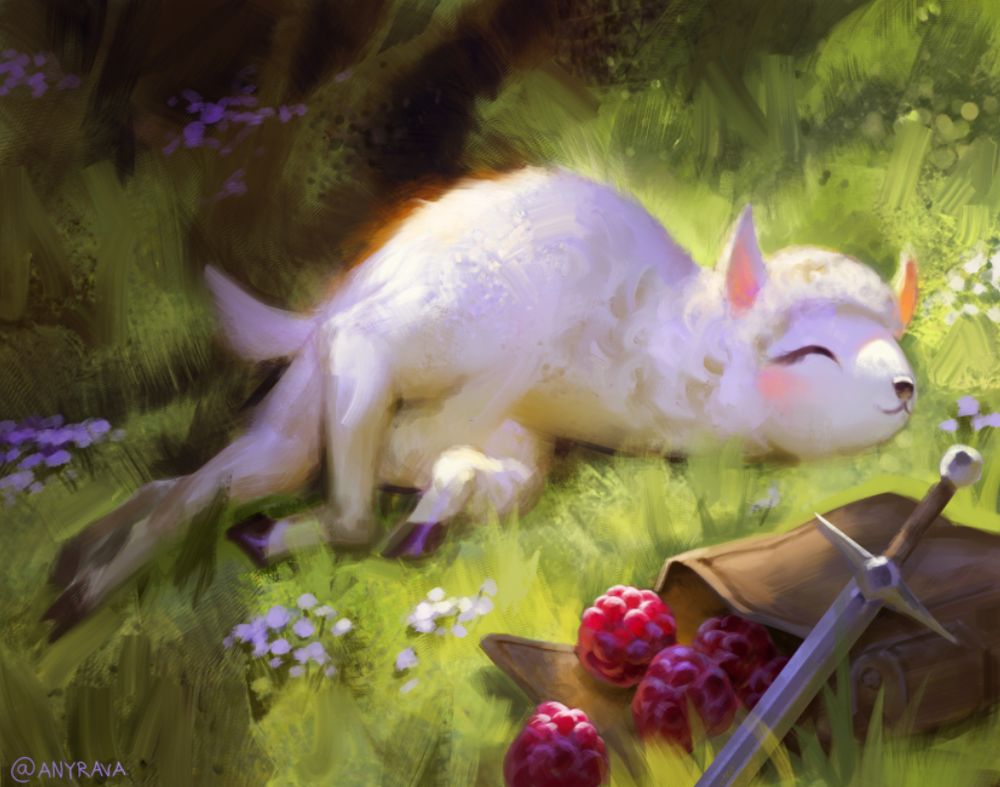 A digital painting of an alpaca sleeping in a grass field, nearby lies a backback filled with raspberries & a sword resting on it 