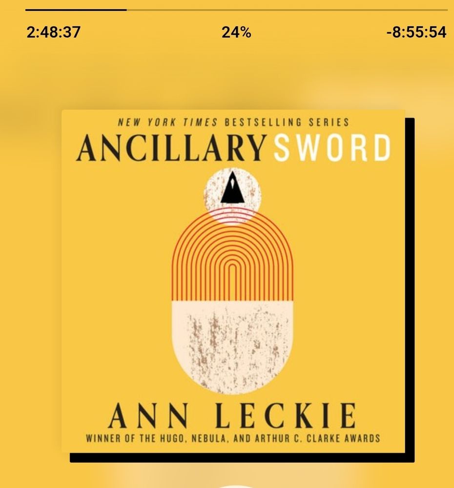 Cover of Ancillary Sword by Ann Leckie. Yellow cover with an abstract design in white and red loops 