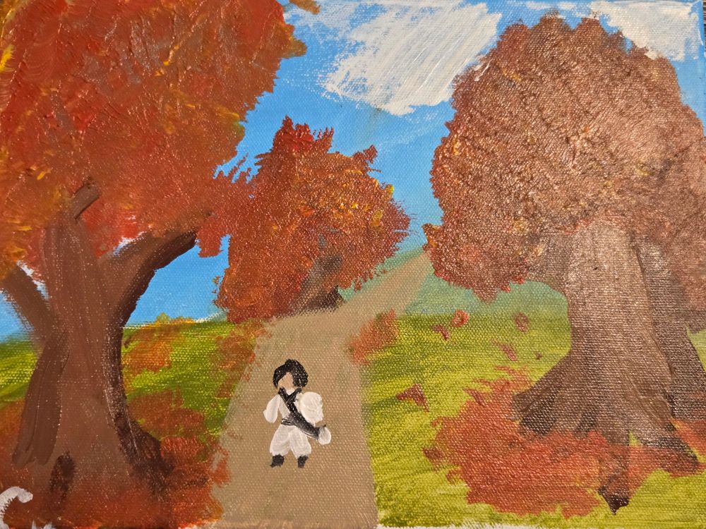 A samurai walks down a path with autumn trees looming over it.