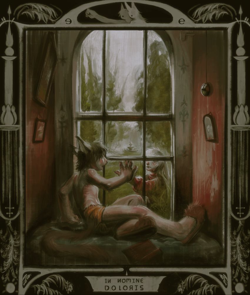 A humanoid, anthropomorphic creature-partially animalistic with fur, a tail, and clawed feet-sits on a bed inside a dimly lit room. The figure is dressed in simple, tattered orange shorts and is bathed in a soft, dusky glow. It appears to be youthful and possibly male, with a posture that suggests surprise or desperate yearning. One hand is pressed against the windowpane, meeting the hand of another character on the other side of the glass.