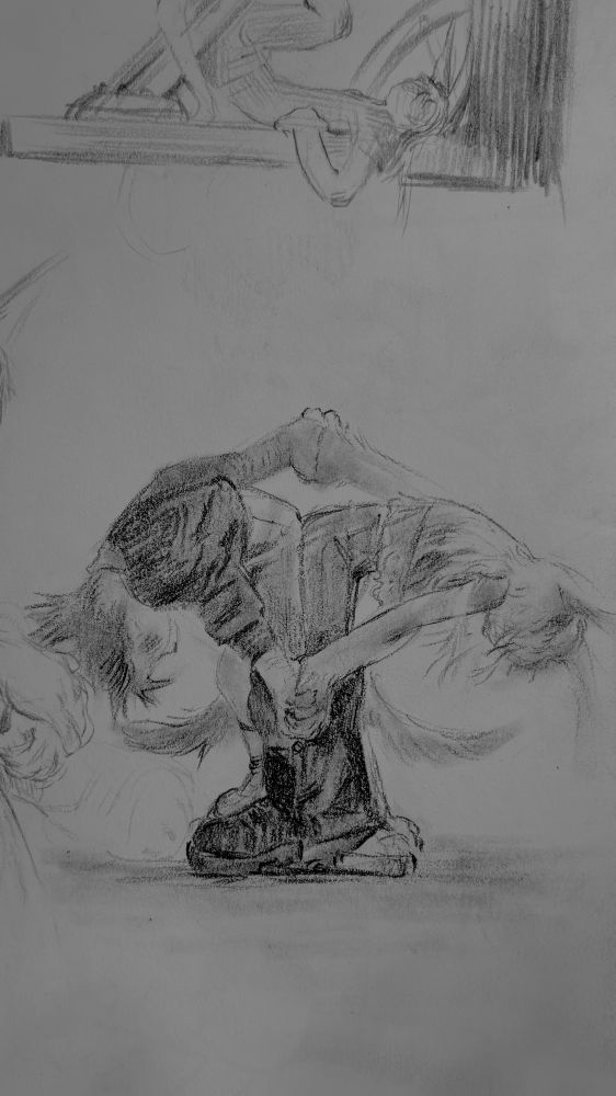 two figures lean against each other back to back, unbalanced, the only thing keeping them from the ground are their clasped hands behind themselves. conjoined the two rely on each for stability, though they can only see each other in partial, fickle trust.