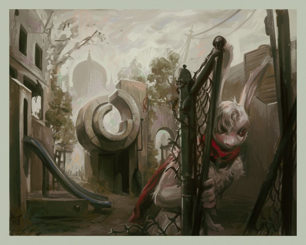 A wary, white rabbit in a red scarf crouches behind a broken fence in a decayed playground. A twisted slide and a looming concrete ring hint at lost innocence. The foggy backdrop, with its crumbling buildings and distant dome, evokes a sacred world abandoned. Tension and tenderness blend—storybook whimsy curdled into post-apocalyptic quiet.
