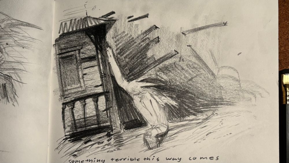 a pale white figure stands at the cusp of a buildings edge. planks warp out of place and begin to fly loose around them. a godly wrath threatens to tear the figure into the sky should they step just a foot more away from the temporary safety of the derelict houses edge.