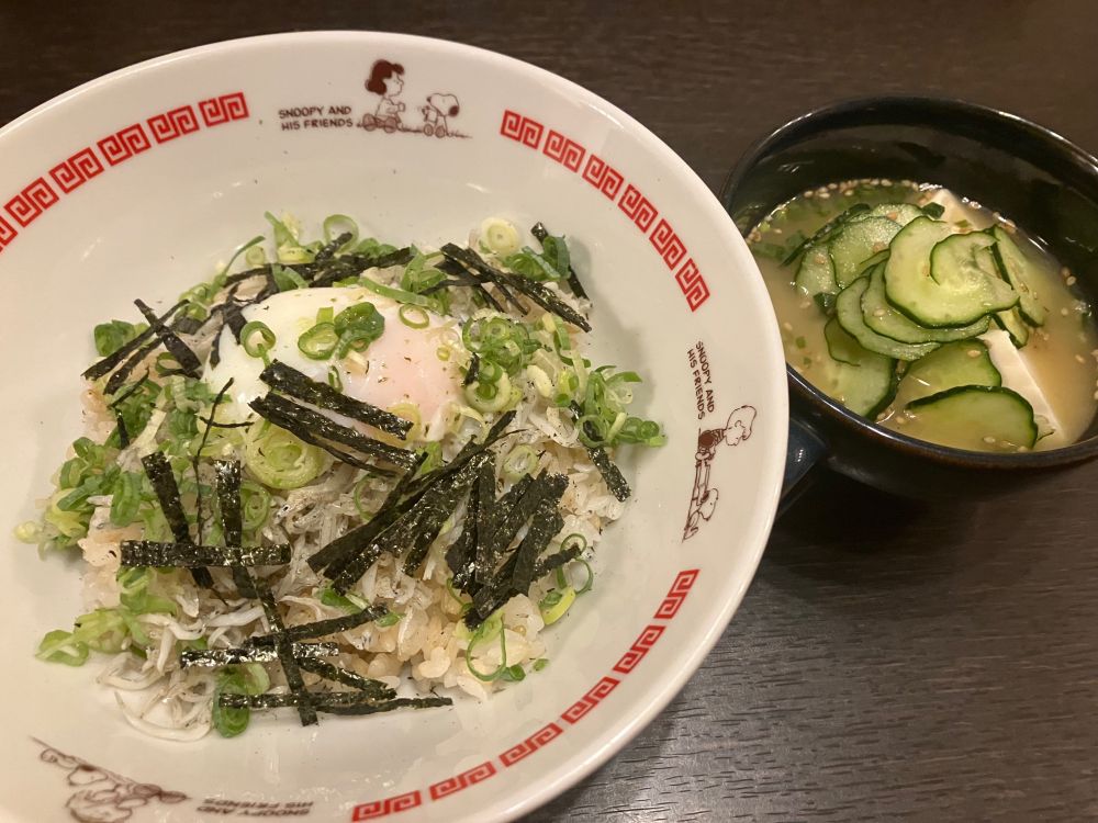 しらす丼(ごま油風味)

冷汁(ひやじる)
きゅうりと豆腐の冷たいお味噌汁、すりごま入り