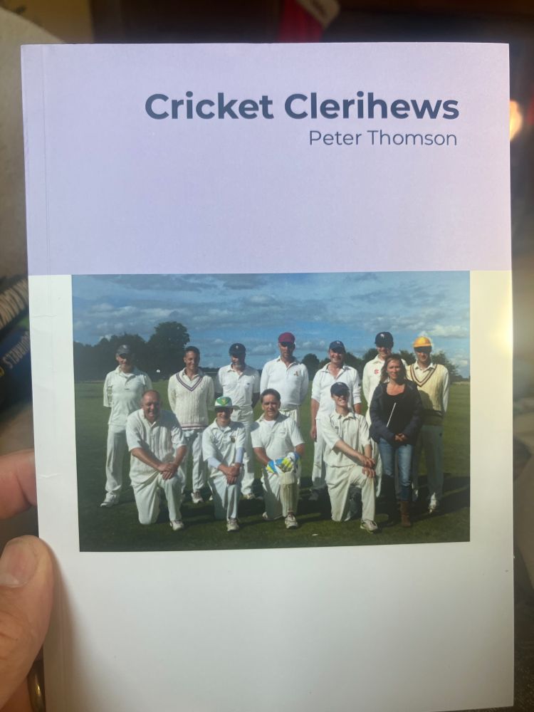 The cover of Cricket Clerihews by Peter Thomson. The from photo is of a cricket team in an assortment of hats and sweaters.