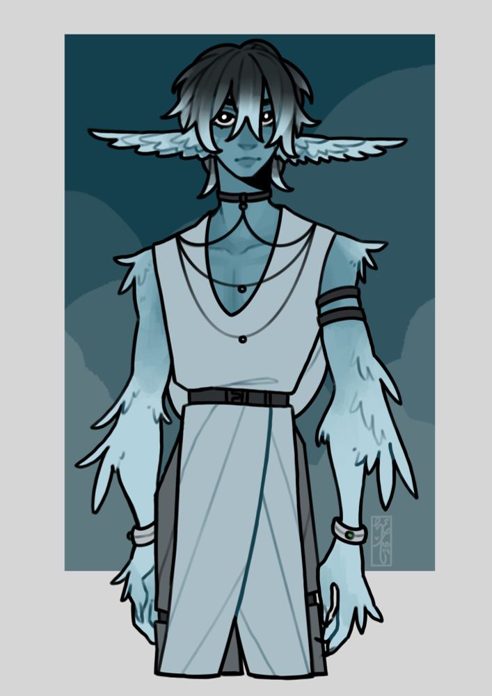 Phyrine the Dual-Storm, an archfey friend of The Band of Fates and Fey. They are blue and white and have shaggy medium length hair that fades from white to black. their ears are featered and they have feathers along their arms