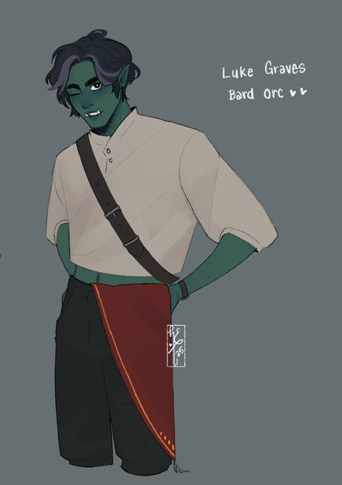 A character design of an orcish bard standing with his hands on the back of his hips. he’s got black hair that falls over his face, his tum is showing out of shirt slightly, he’s got a bit of a built body