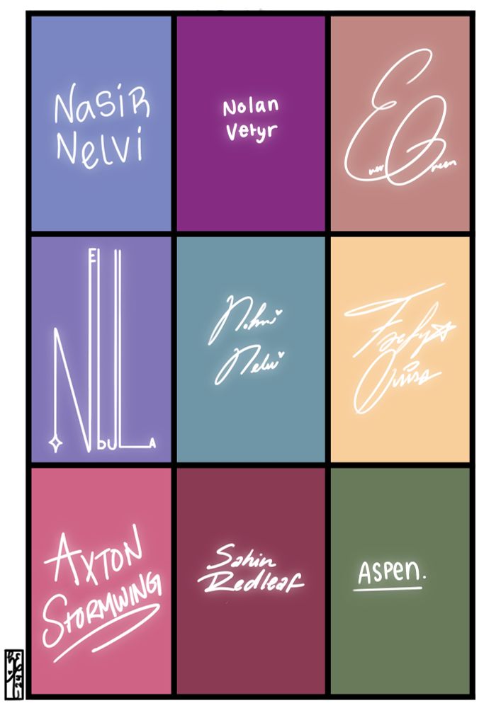Signatures of the characters on the previous pages: Top: Nasir Nelvi, Nolan Vetyr, Evergreen. Mid: Nebula, Nohari Nelvi, Faefyx Ovisa. Bottom: Axton Stormwing, Sahin Redleaf, Aspen