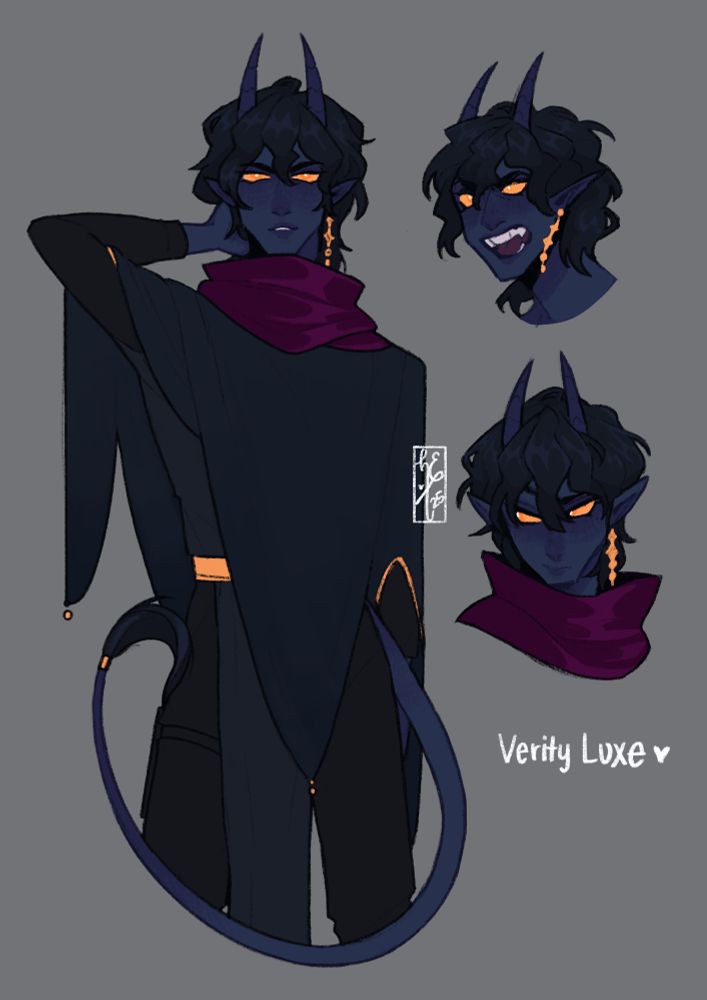 Verity Luxe -- a Tiefling Rogue with dark navy skin, black wavy hair and a burgundy scarf