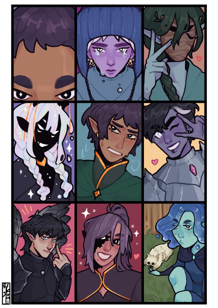 a 3x3 gridded image, each section depicts an npc from my home exandria campaign in the style of kpop selfie photocards! Top row: Nasir Nelvi (male elven paladin too close to the camera), Nolan Vetyr (crybaby transmasc drow wizard with big hat), Evergreen (masked elven figure with long mossy hair making a peace sign. Middle row: Nebula (femme cosmic tiefling like archfey) Nohari Nelvi (nonbinary elven figure looking like they really dont wanna be posing for a selfie) Faefyx Ovisa (male drow making a peace sign and winking, looks matching with Nohari). Bottom row: Axton Stormwing ( male half elven aasimar paladin putting up a middle finger. so edgy.), Sahin Redlead (male half elven cutie patootie smiling!!!!), Aspen (female water genasi druid, staring blankly and playing with owlbear cub)
