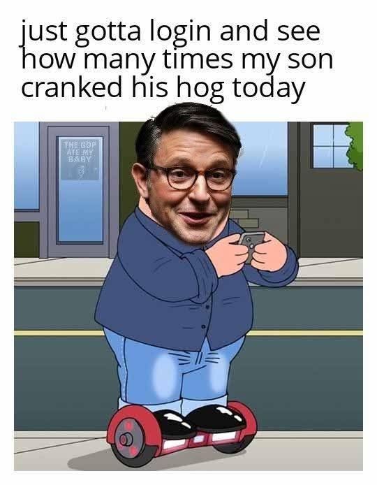 Meme of Mini Mike Johnson checking in on his son's porn intake.