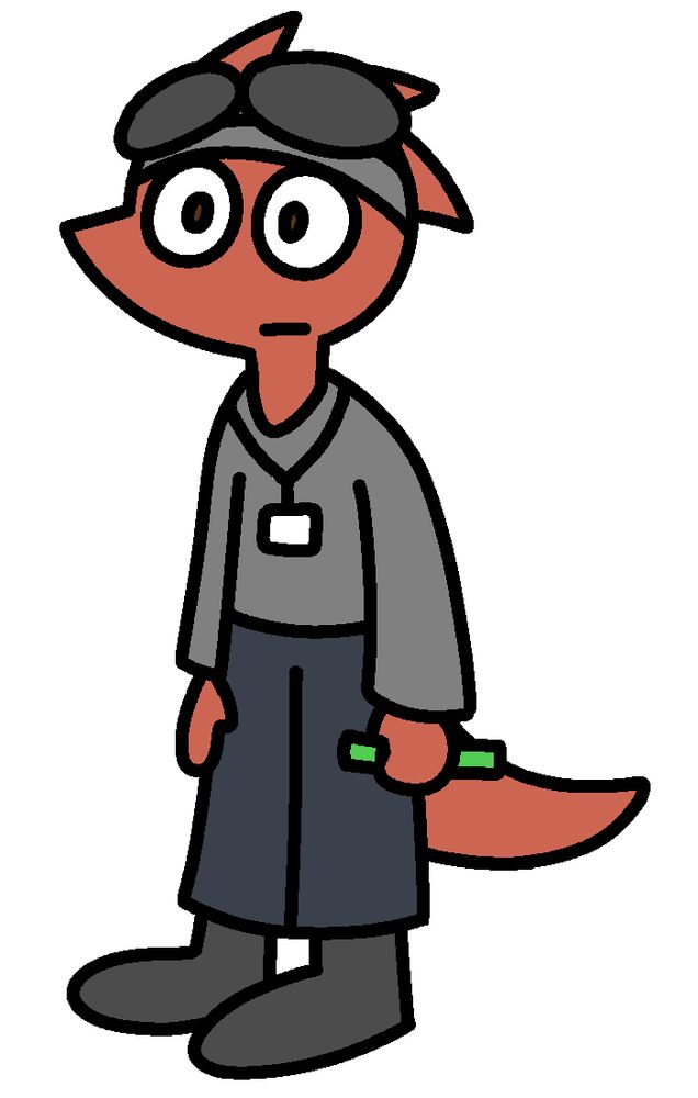 A red humanoid lizard with gray goggles and a gray hoodie, wearing a lanyard