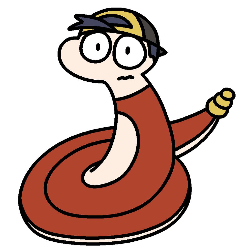 A drawing of the protagonist of Pokemon Gold as a red Ekans, coiled and looking scared