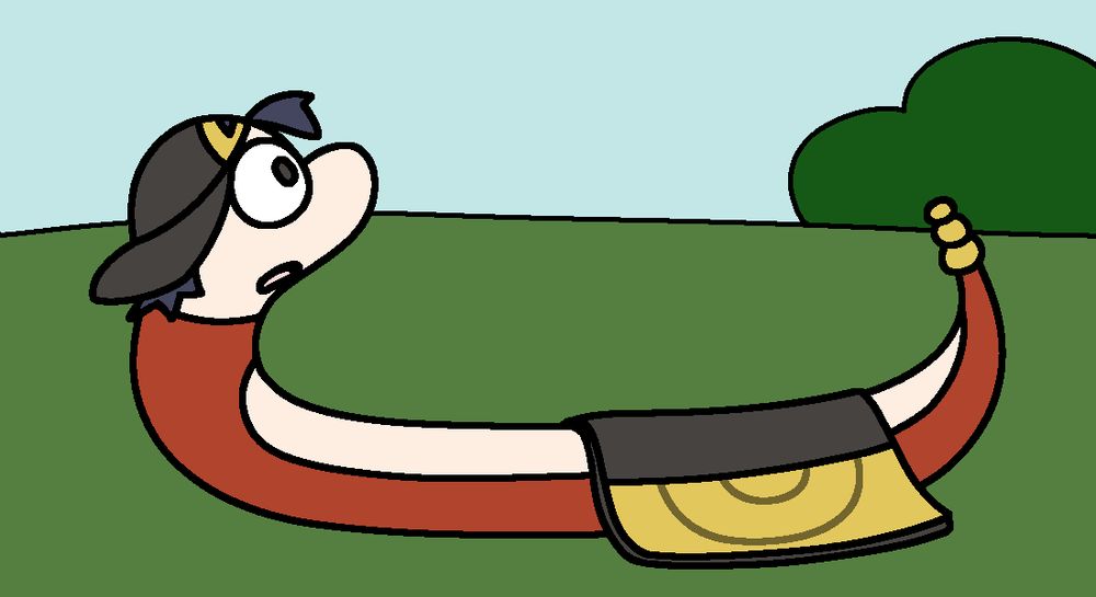 A drawing of the protagonist of Pokemon Gold as a red Ekans, laying belly up on the grass and looking at the sky, with a handbag covering him like a blanket